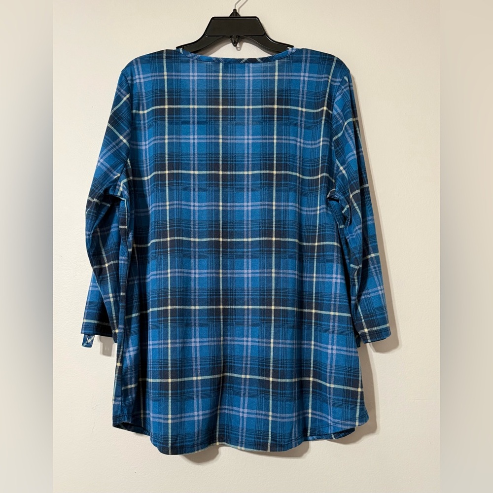 Basic Editions Blue Plaid Tunic 3/4 Sleeve V-Neck Faux Button Front - Size XL - Picture 2 of 8